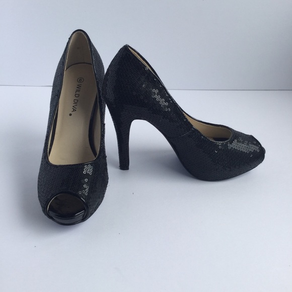 Wild Diva, Black Sequin point Toe stiletto Shoes - Picture 2 of 5